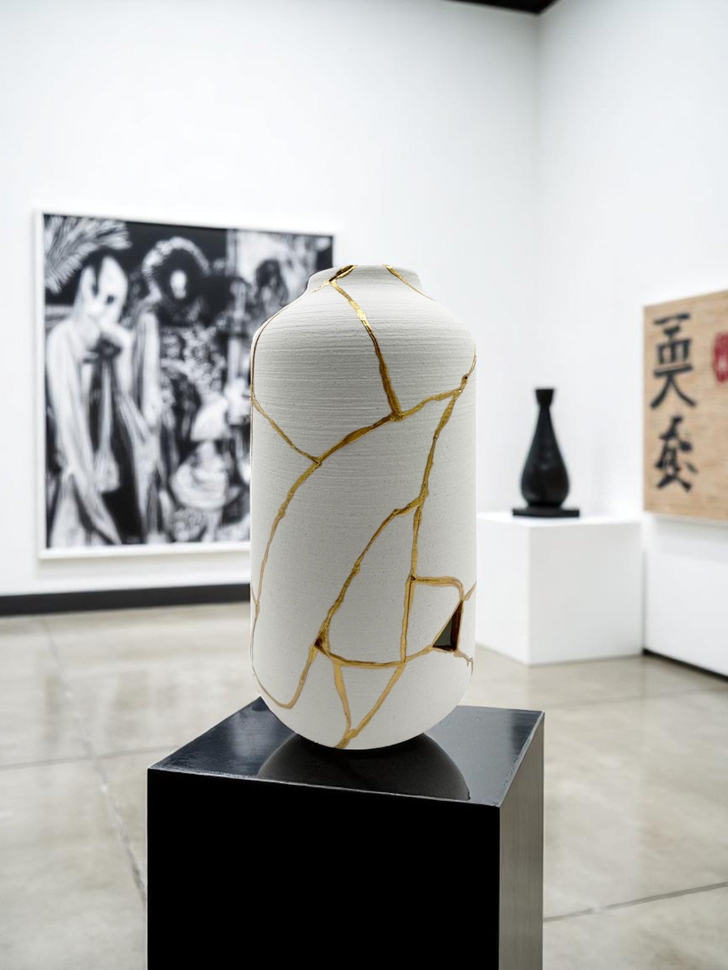 White ceramic vase with gold kintsugi repair lines displayed on black pedestal in modern gallery setting