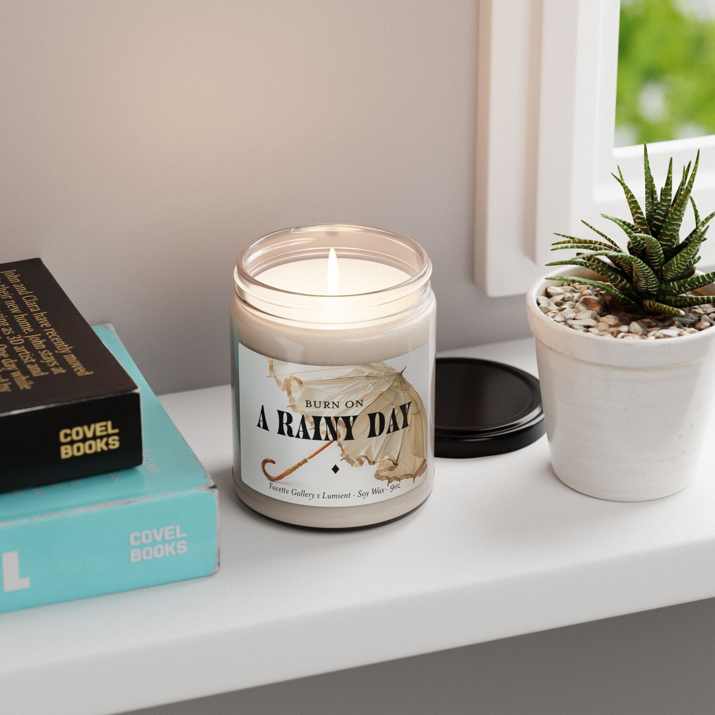 Burning "A Rainy Day" soy candle in 9oz glass jar with black lid beside potted succulent and books on white shelf