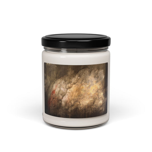 9oz soy candle in clear glass jar with black lid featuring abstract painting label by Ben Woolfitt on white background