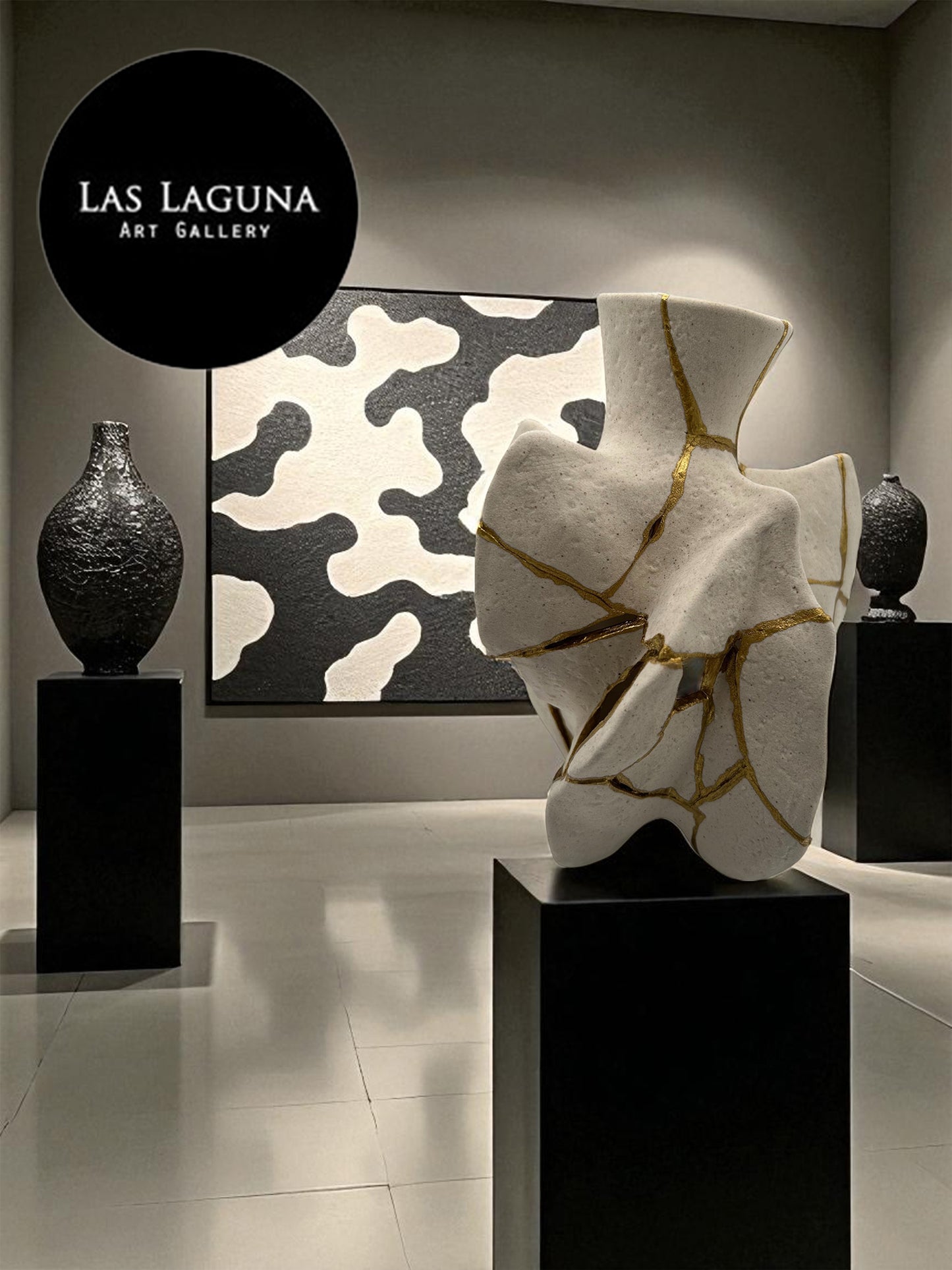 Abstract white sculpture vase with gold cracks displayed on black pedestal in Las Laguna Art Gallery with black and white art background