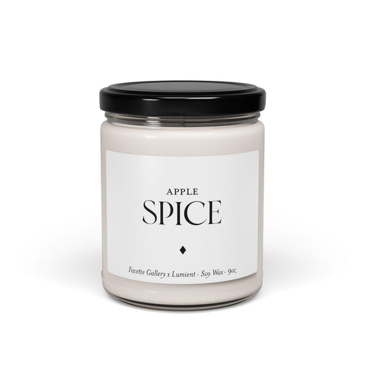 Apple Spice soy candle in 9oz clear glass jar with black lid and minimalist white label design