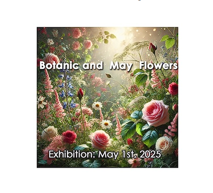 Botanic and May Flowers exhibition poster with vibrant spring garden flowers and soft sunlight background