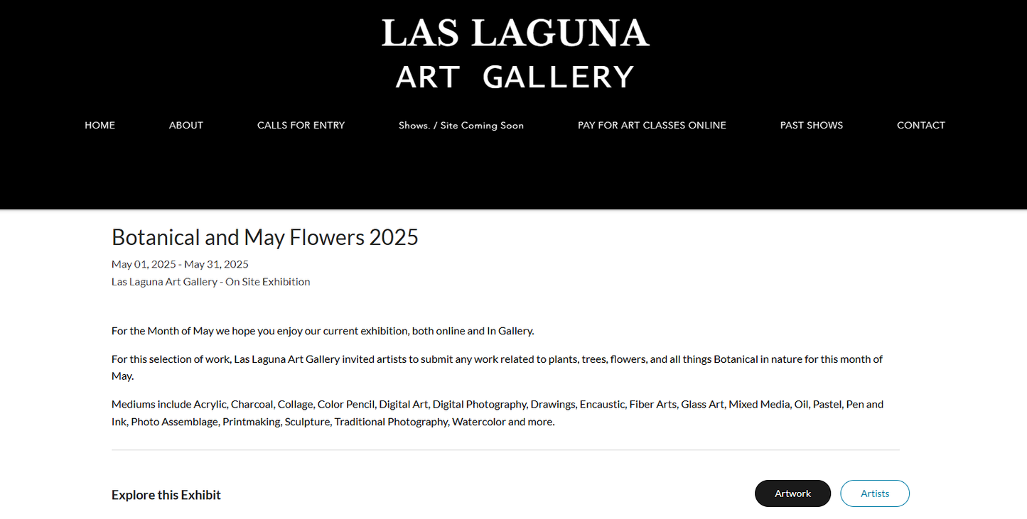 Las Laguna Art Gallery webpage showing details of the Botanical and May Flowers 2025 exhibition with event dates and description.