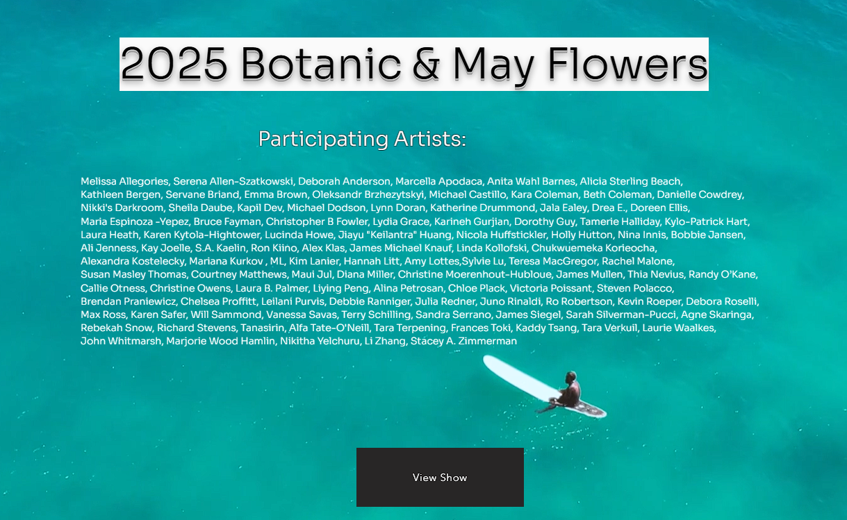 Poster for 2025 Botanic & May Flowers group exhibition at Las Laguna Art Gallery with artist names on turquoise background