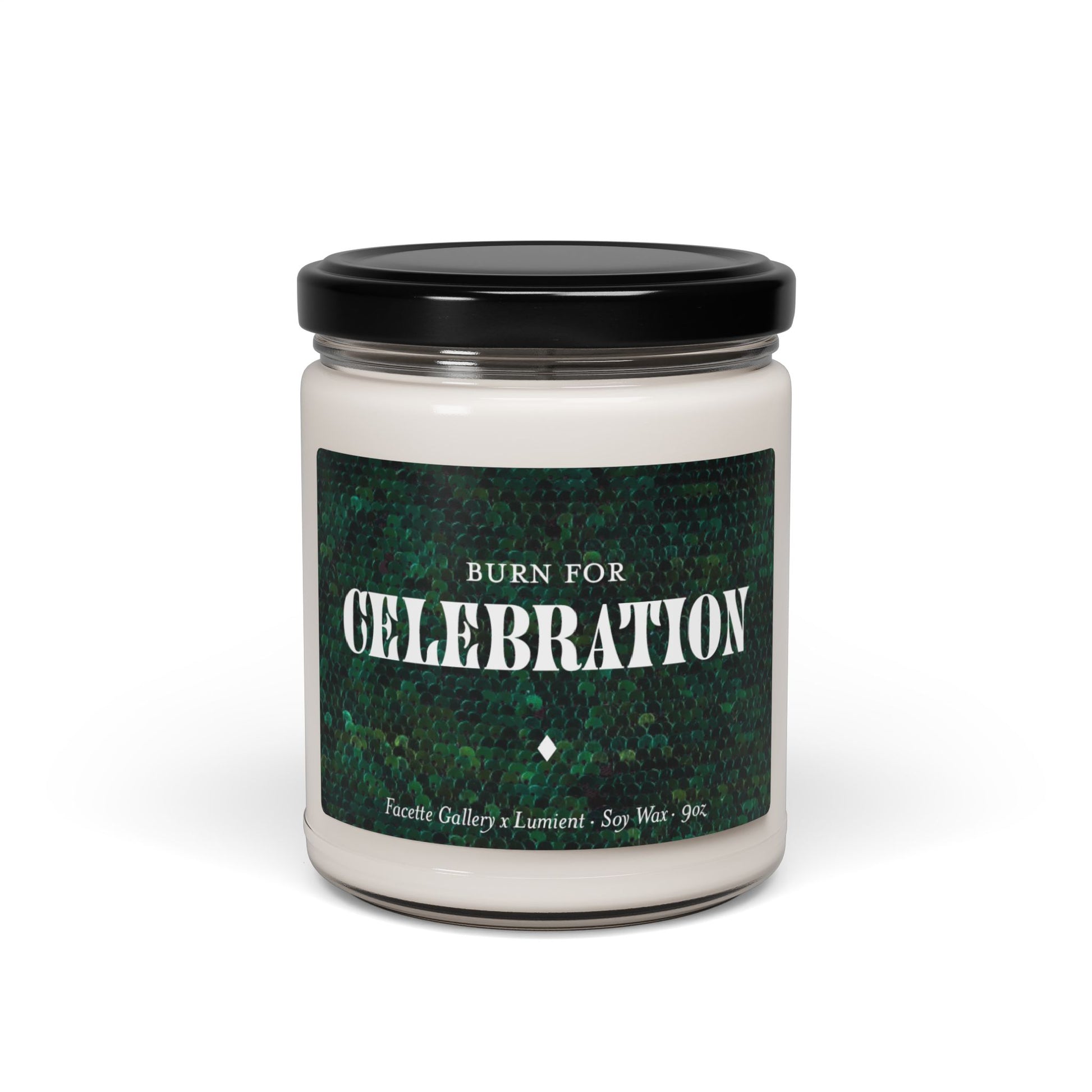 9oz glass jar candle with green sequin label, soy wax blend, black lid, and "Burn for Celebration" text on front