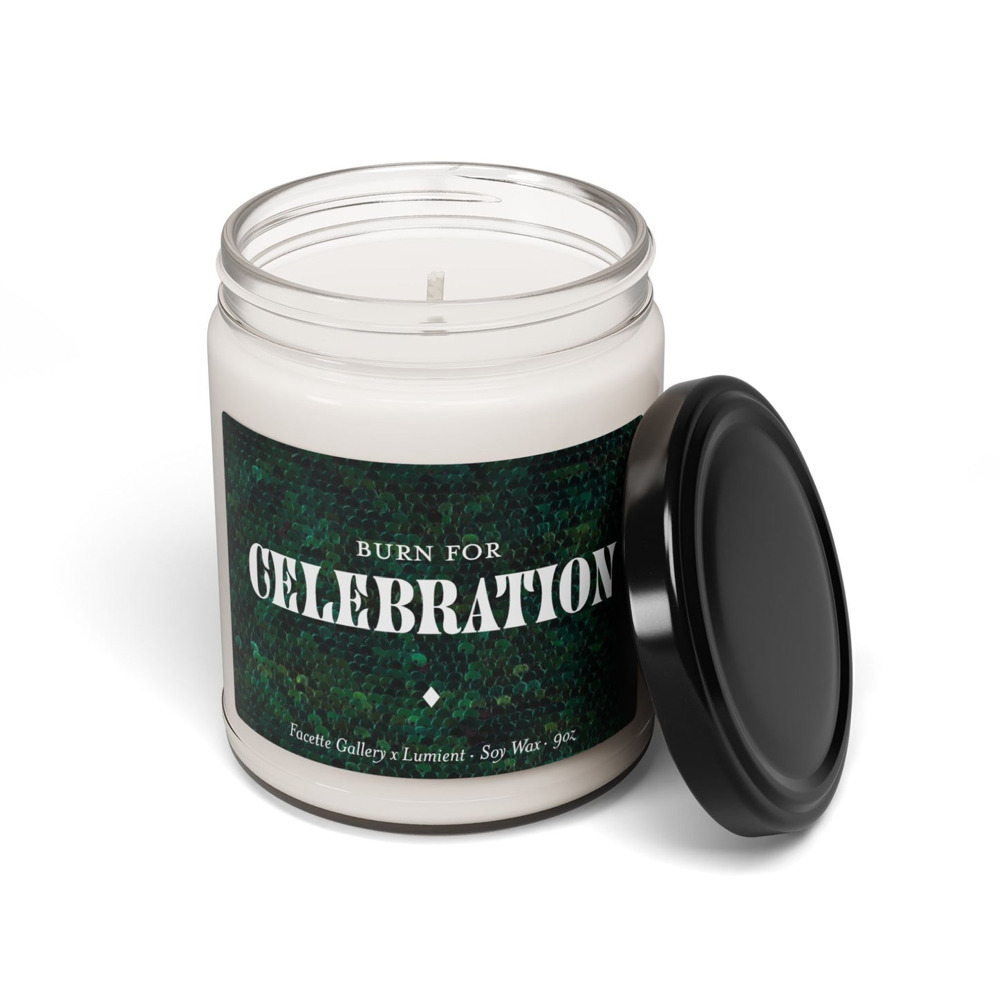 9oz soy wax candle in glass jar with green sequin label and black lid, labeled "Burn for Celebration
