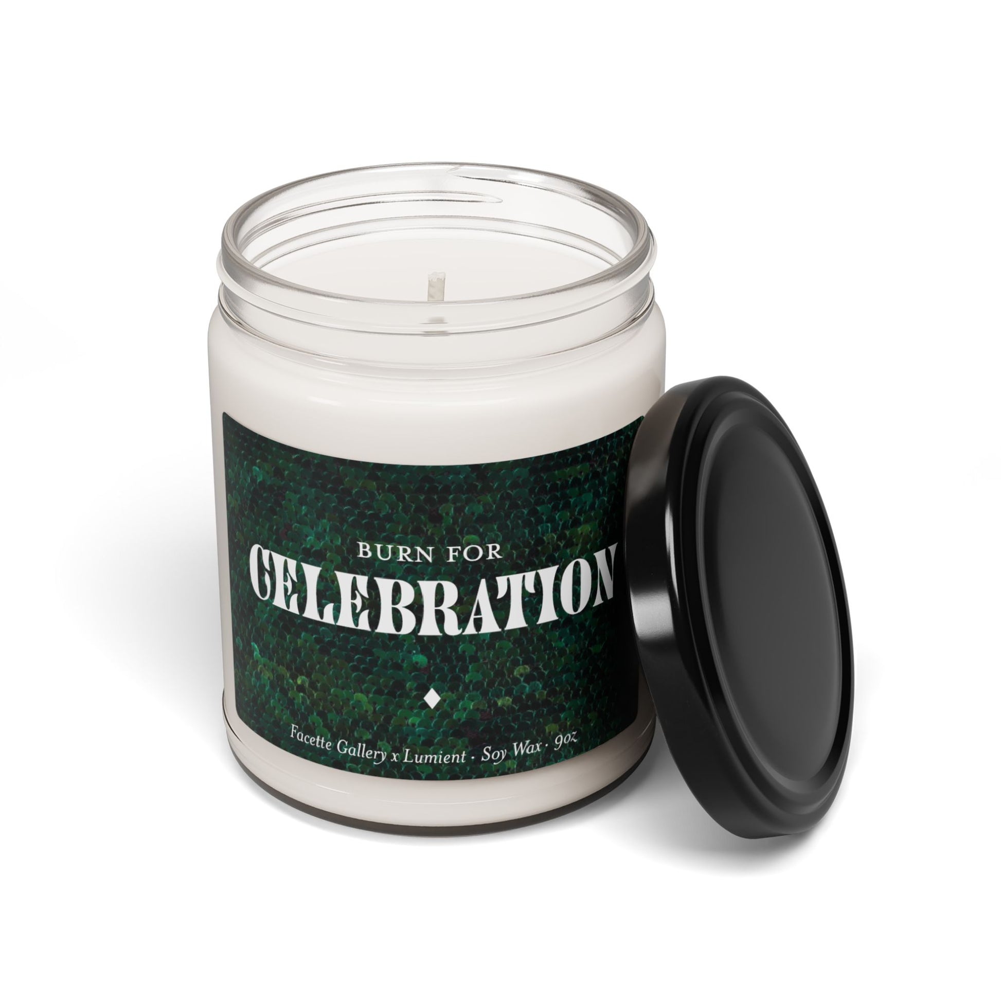 9oz soy wax candle in glass jar with green sequin label and black lid, labeled "Burn for Celebration