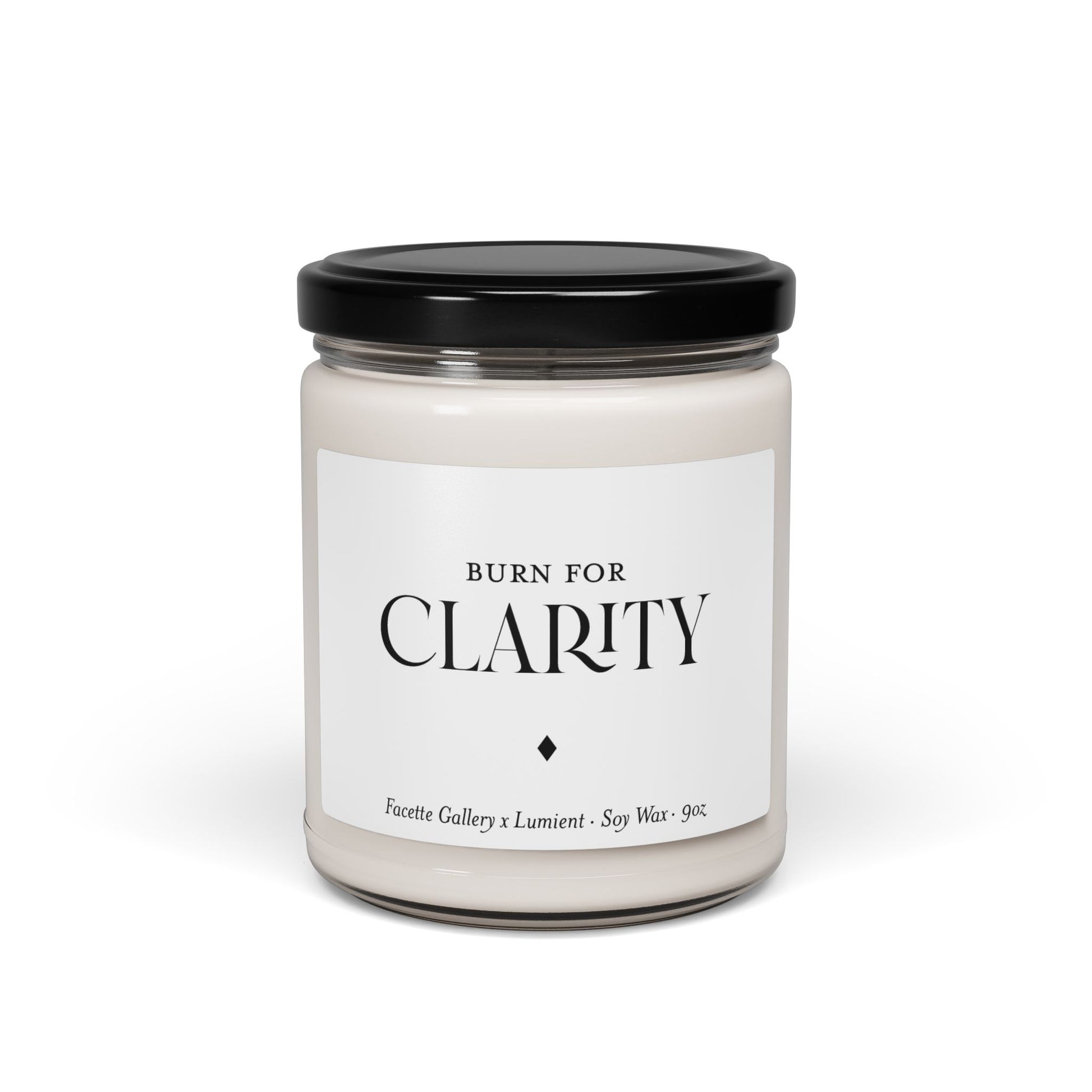 9oz white soy wax candle in clear glass jar with black lid and minimalist "Clarity" label on white background