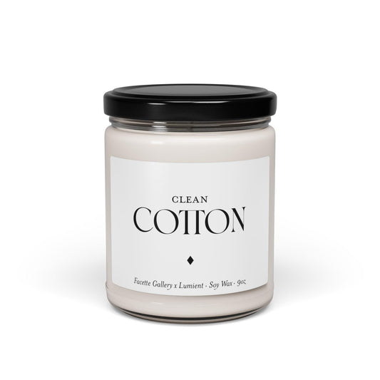 Clean Cotton scented soy wax candle in clear glass jar with black lid, minimalist white label, 9oz size.