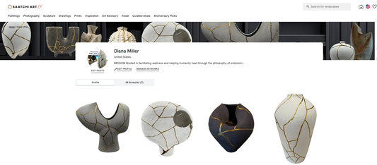 Diana Miller artist profile page on Saatchi Art showing ceramic sculptures with gold crack designs on white background.