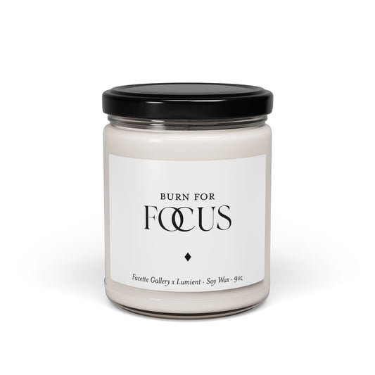Focus candle in clear glass jar with black lid, white label, soy wax, 9oz size, minimalist design on white background