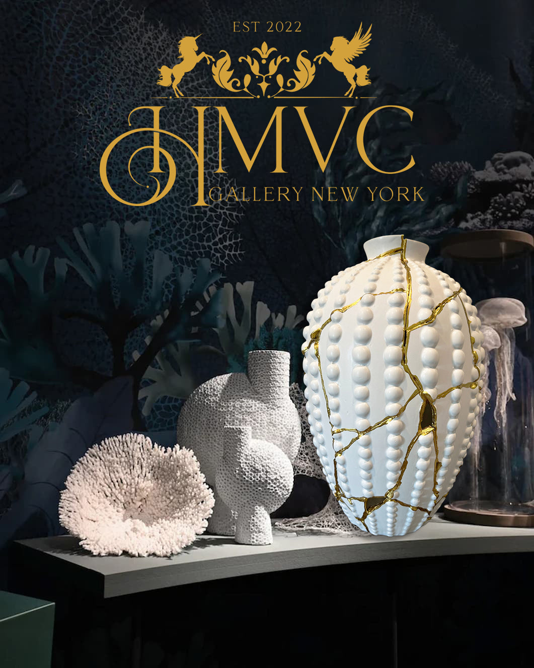 White sea urchin-inspired ceramic vase with gold kintsugi repair, displayed with textured coral and abstract sculpture on shelf.