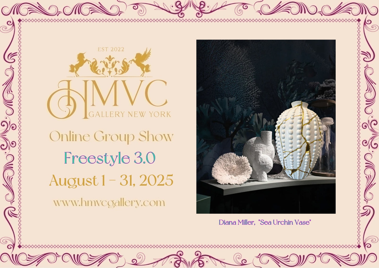 Invitation graphic for HMVC Gallery's Freestyle 3.0 online show featuring Sea Urchin Vase sculpture, August 2025.