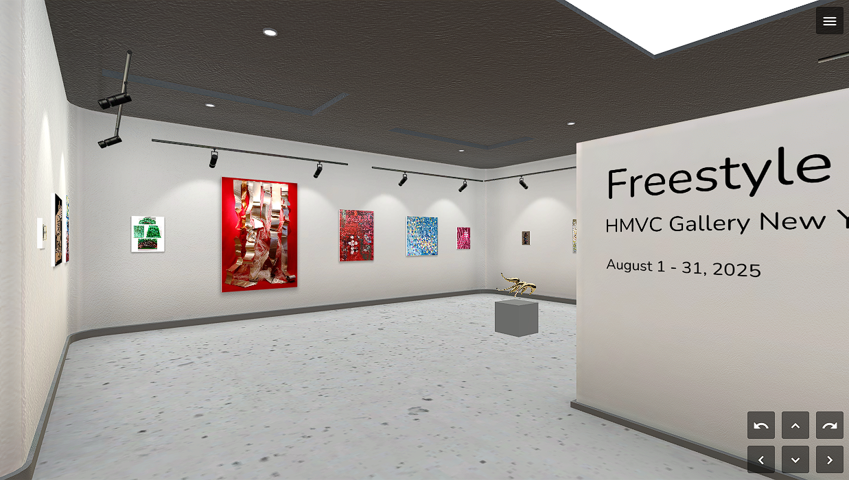 Gallery interior view of HMVC Gallery New York with artworks on walls and sculpture on pedestal for Freestyle 3.0 exhibition.