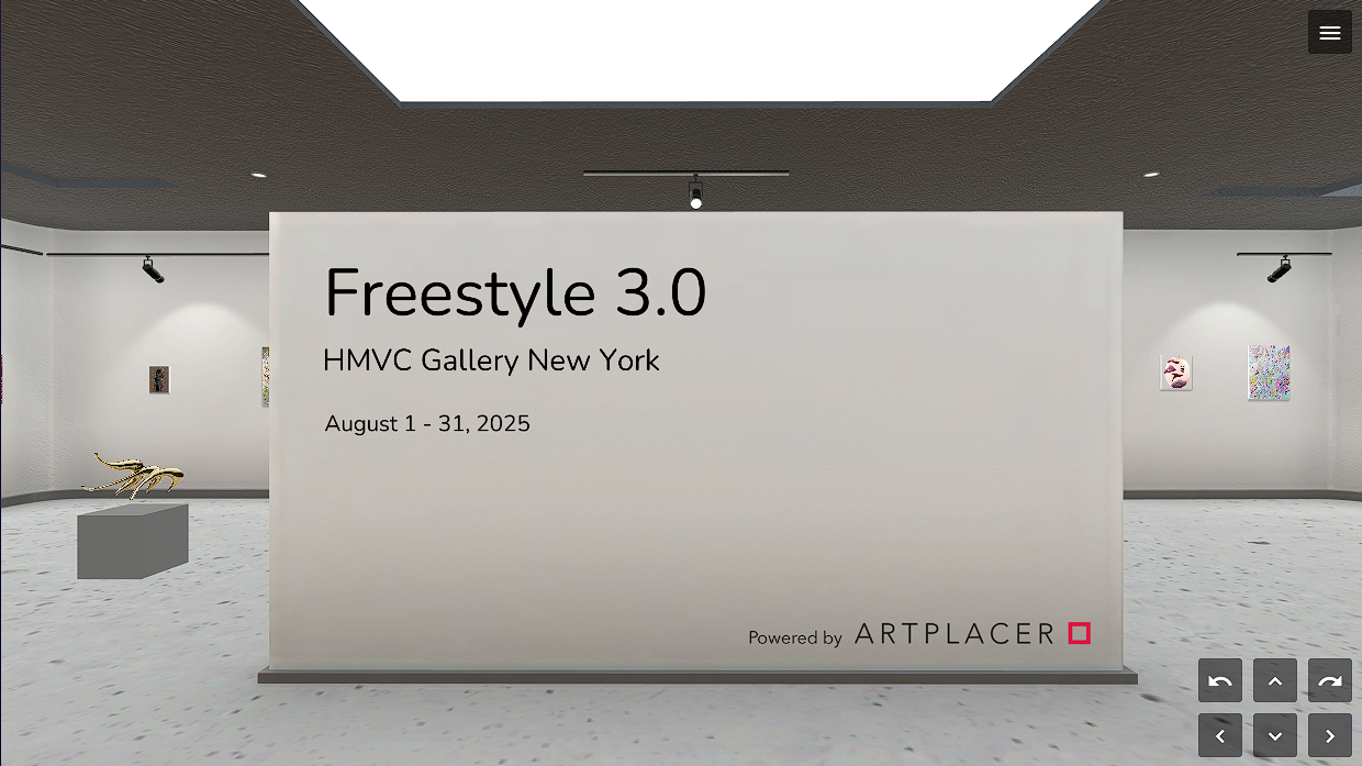 Gallery entrance wall for Freestyle 3.0 exhibition at HMVC Gallery New York, August 1-31, 2025 with minimalist design.