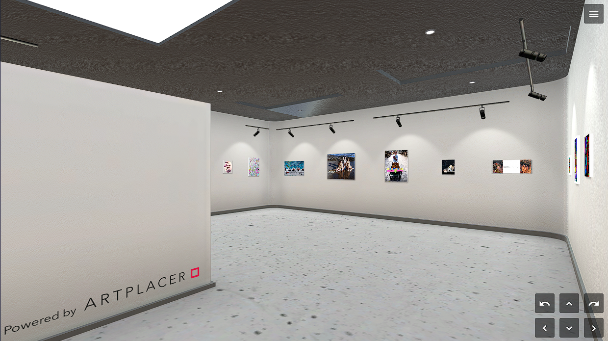 Minimalist art gallery interior with white walls, grey polished floor, and various artworks displayed under spotlights