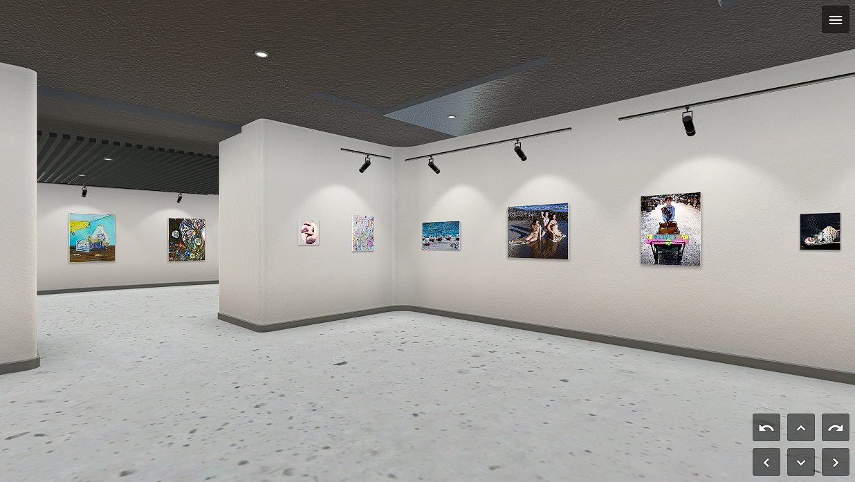 Modern gallery interior displaying colorful contemporary paintings on white walls with polished concrete flooring and spotlighting