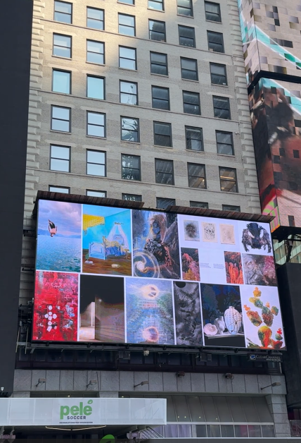 Times Square digital billboard displaying a collage of artistic images for HMVC Gallery's Sea Urchin Vase exhibition.