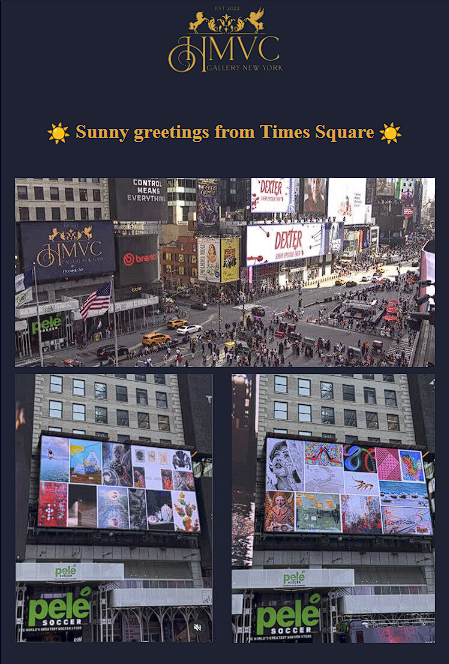 Times Square billboard displaying various artworks from HMVC Gallery's Freestyle 3.0 group exhibition in New York City.