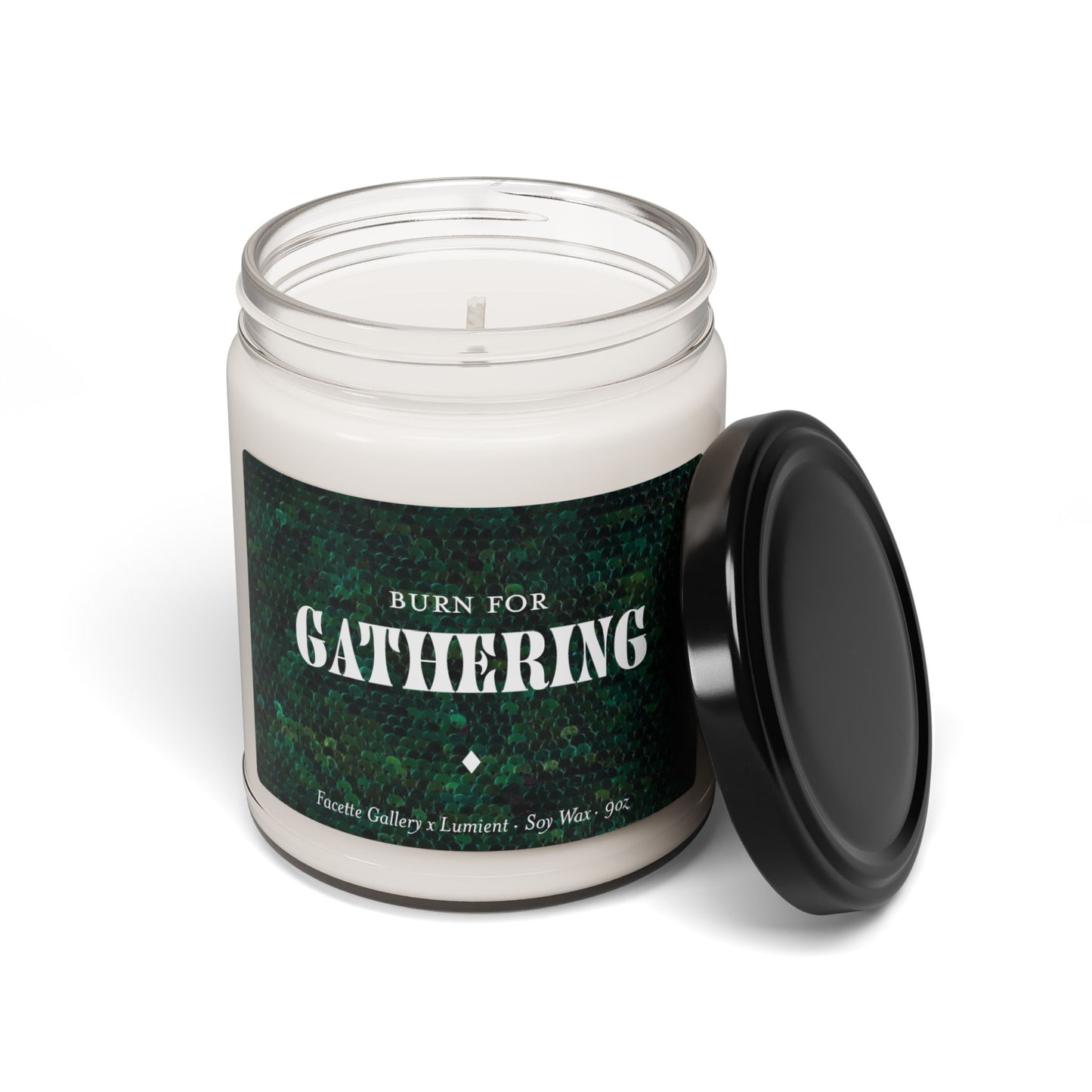 9oz soy wax candle in clear glass jar with green sequin label and black lid, scented for gathering ambiance
