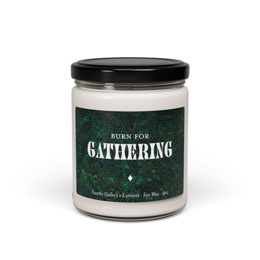 9oz soy wax candle in glass jar with green sequin label, black lid, and "Gathering" text on front