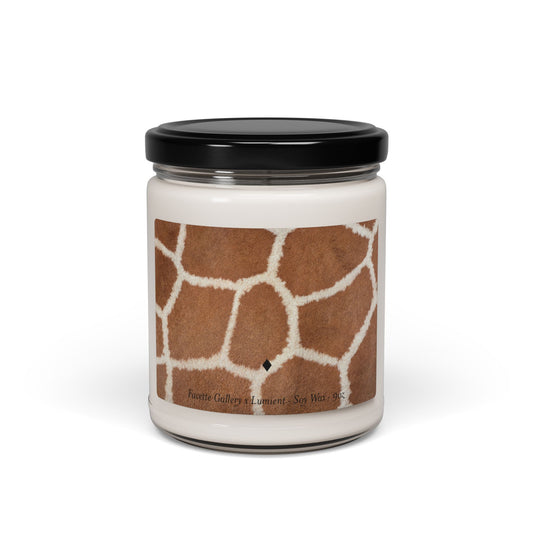 9oz glass jar soy candle with giraffe animal print label and black lid, eco-friendly home decor scent