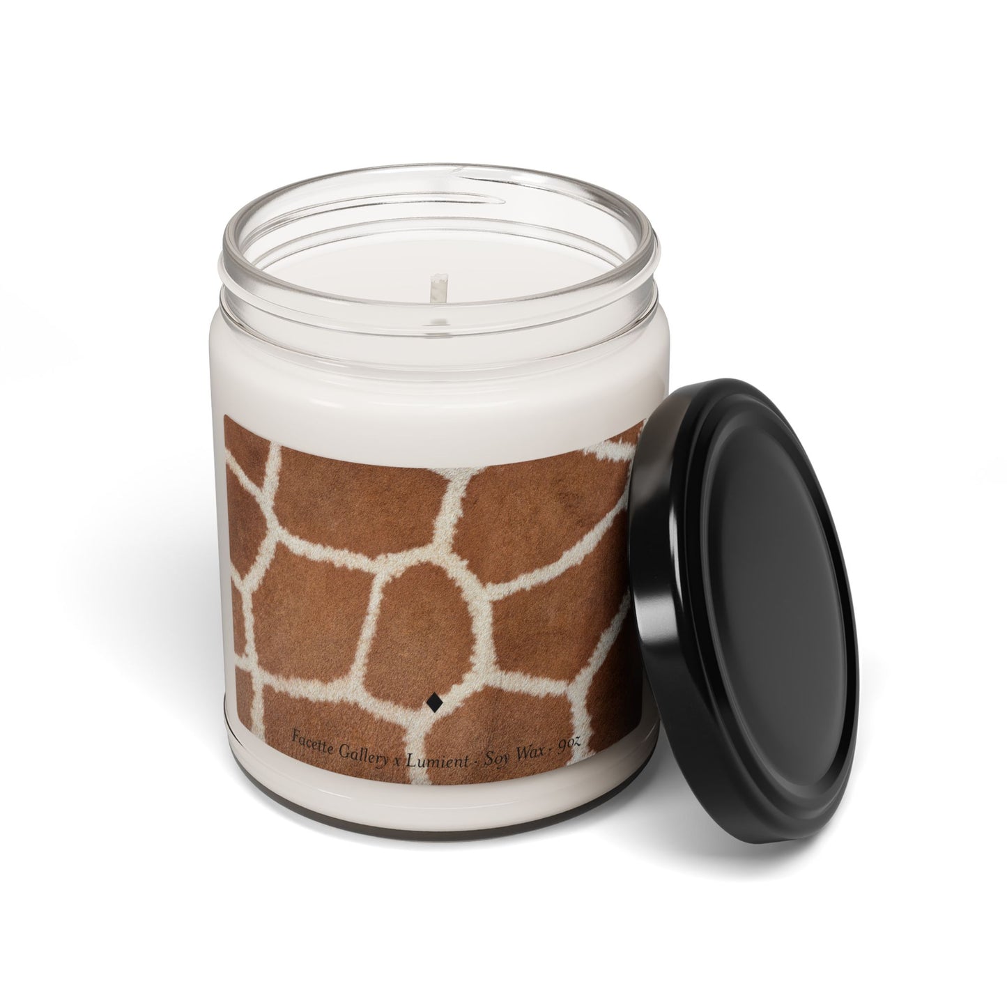 9oz soy candle in glass jar with giraffe print label and black lid, eco-friendly home decor.