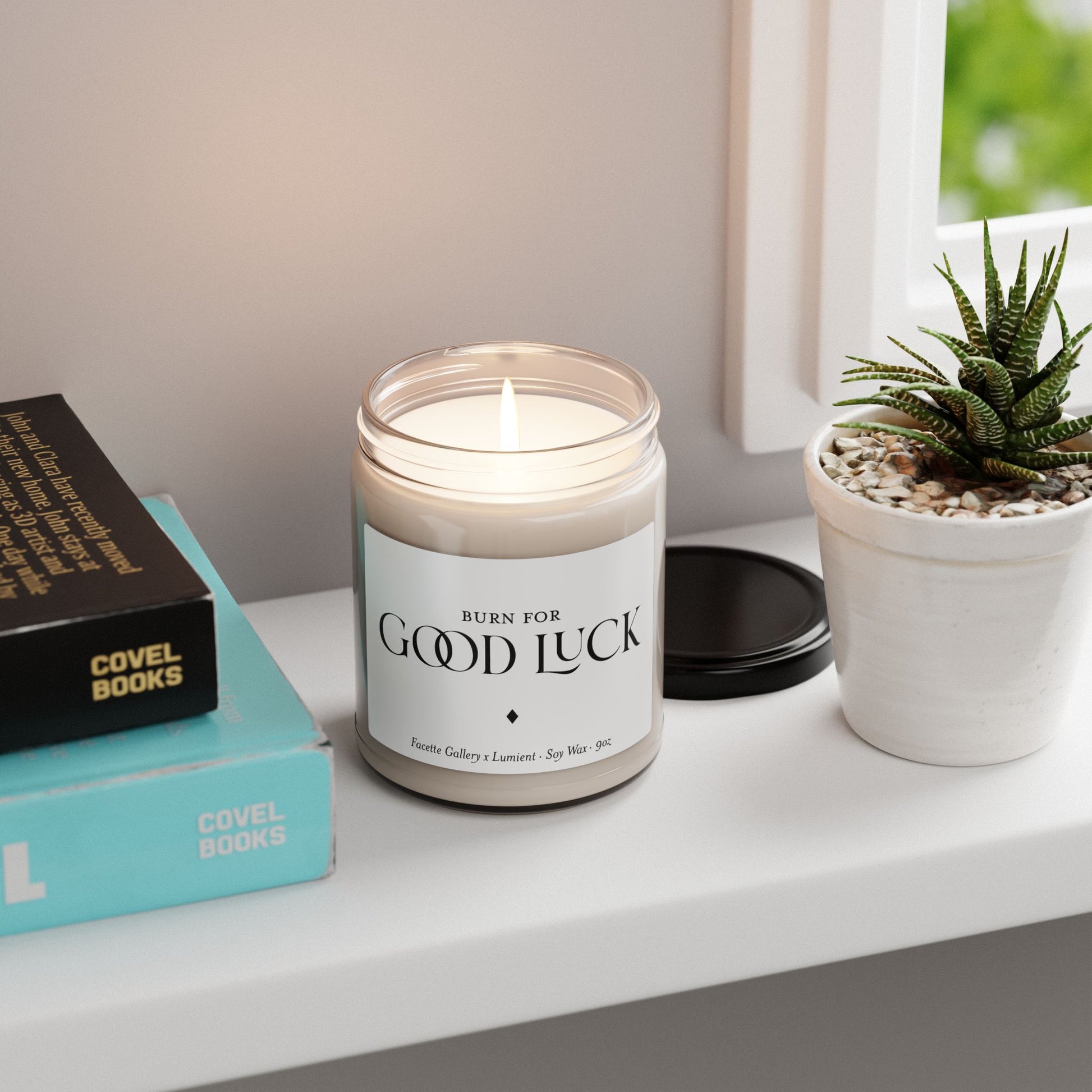 Lit Good Luck candle in clear glass jar with white label, placed on white windowsill beside books and potted plant