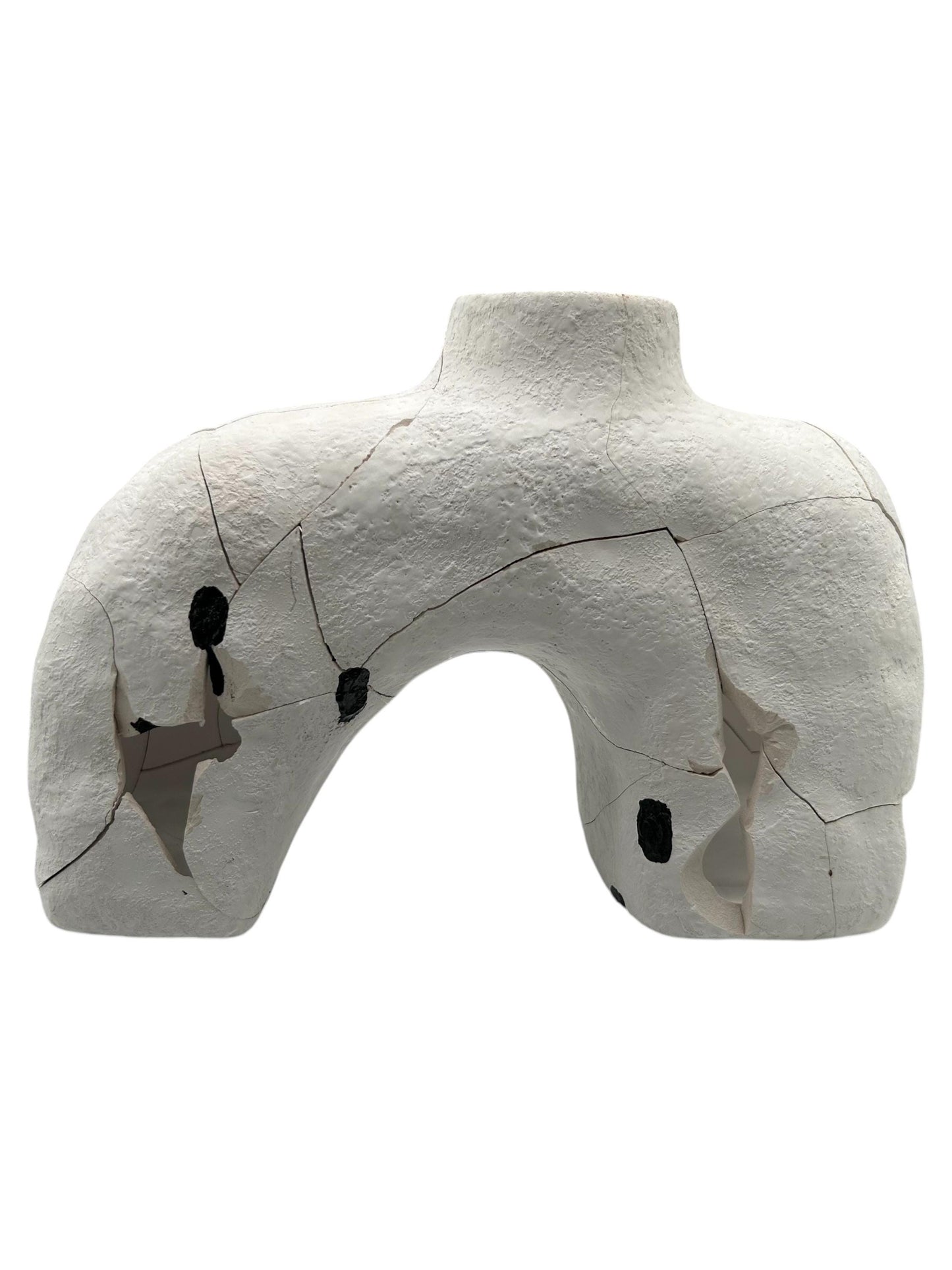 Hand-painted white ceramic Hachi vase with wabi sabi cracks and black accents, Japanese style pottery, 9in wide by 6in high.