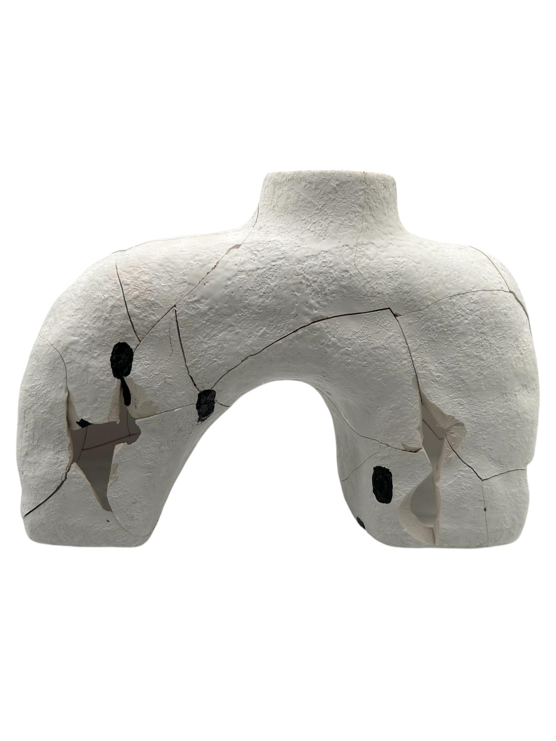 Hand-painted white ceramic Hachi vase with wabi sabi cracks and black accents, Japanese style pottery, 9in wide by 6in high.