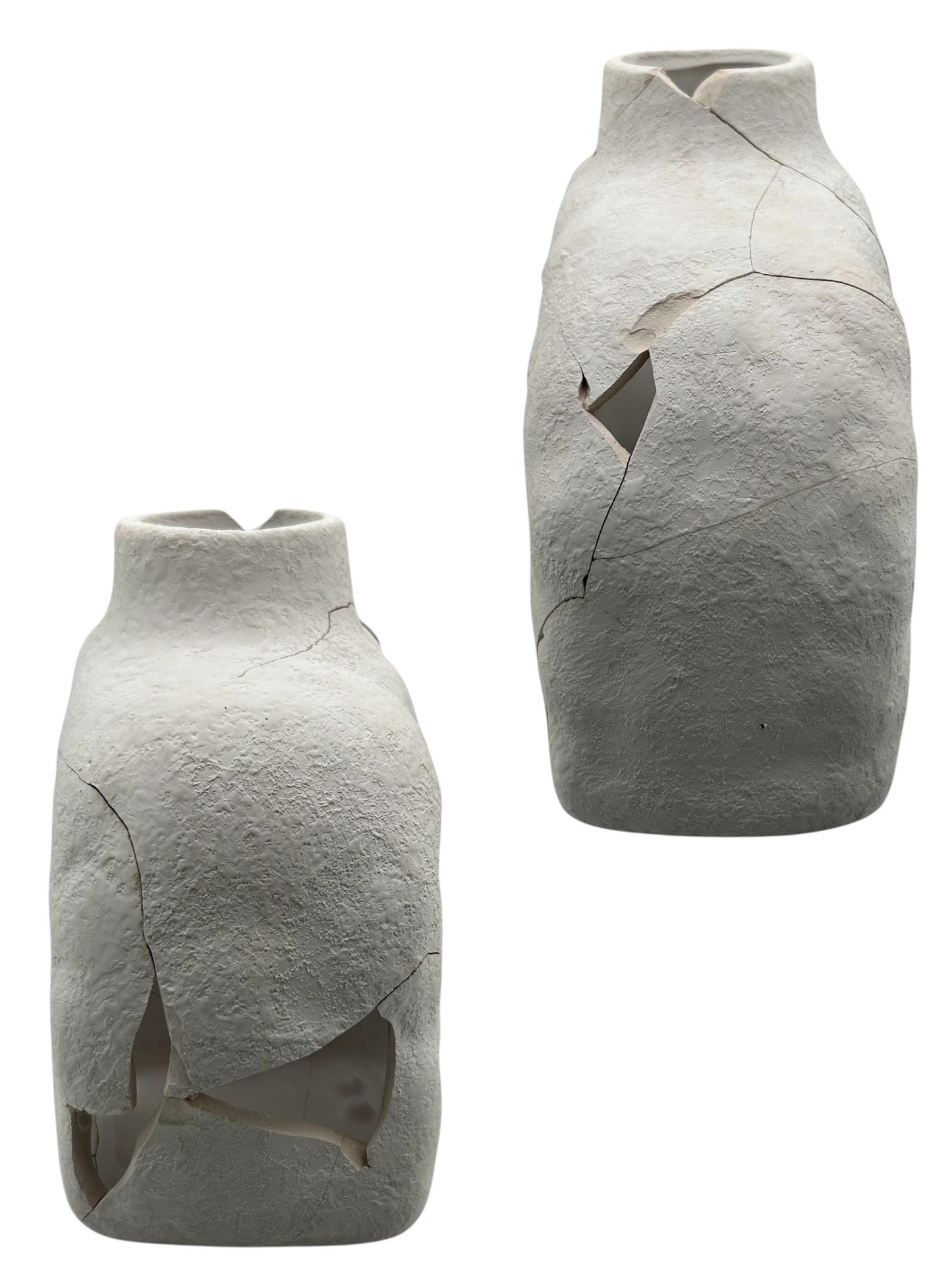 Two views of Hachi Vase, Japanese style pottery with hand-painted cracked and repaired design on white background