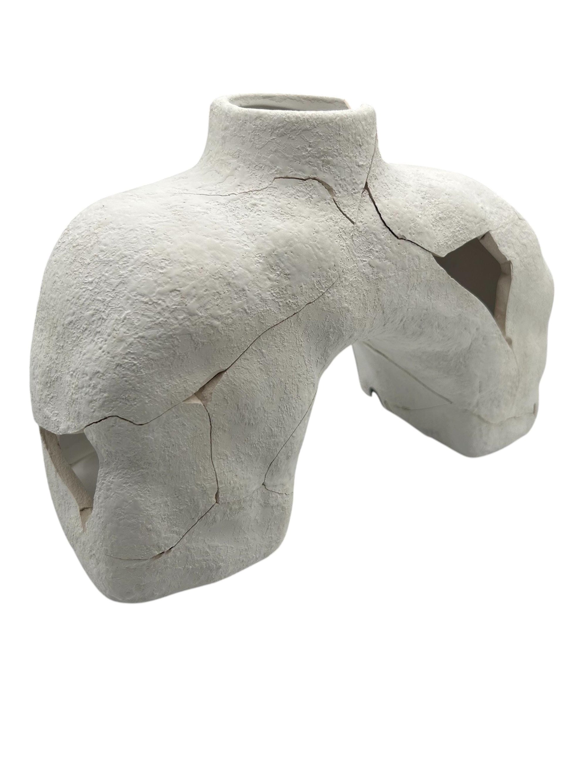 Handcrafted Japanese style ceramic Hachi vase with textured surface, broken and artistically repaired, 9in wide by 6in tall.