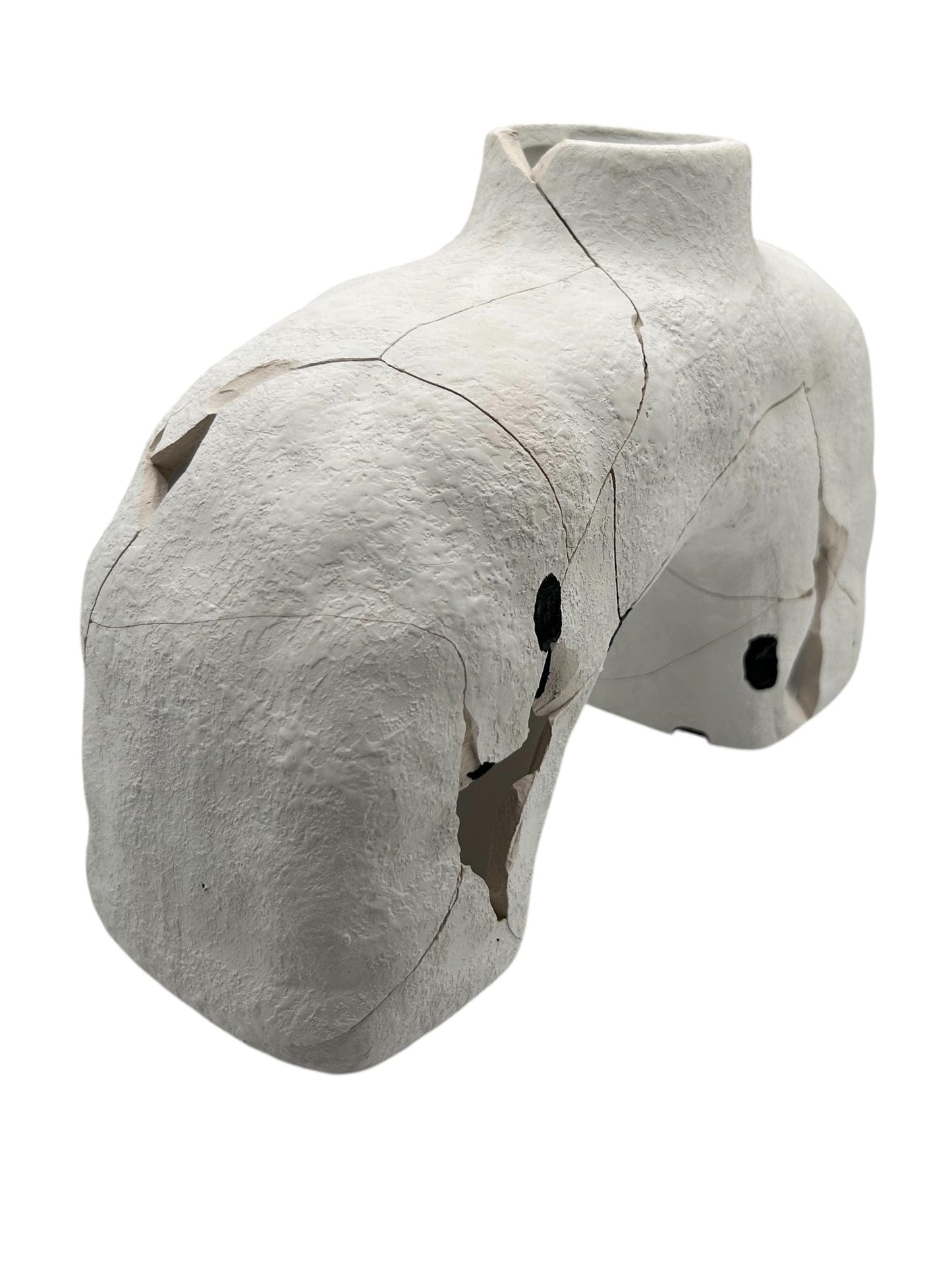 White ceramic Hachi vase with visible cracks and repairs, Japanese style pottery, 9in wide, 6in high, matte finish.