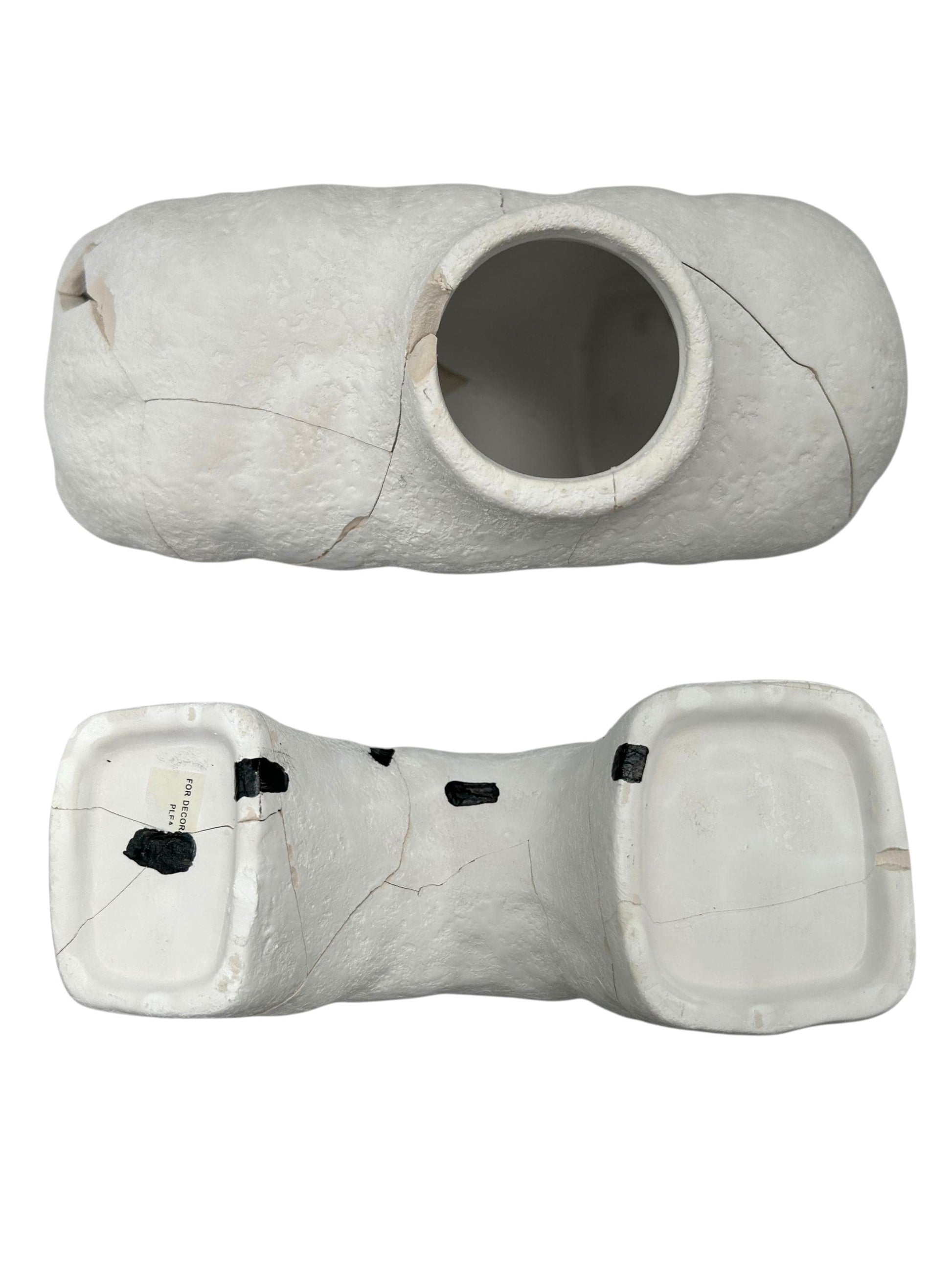 White Japanese style Hachi ceramic vase with visible repairs, cracks, and hand-painted details shown top and bottom views