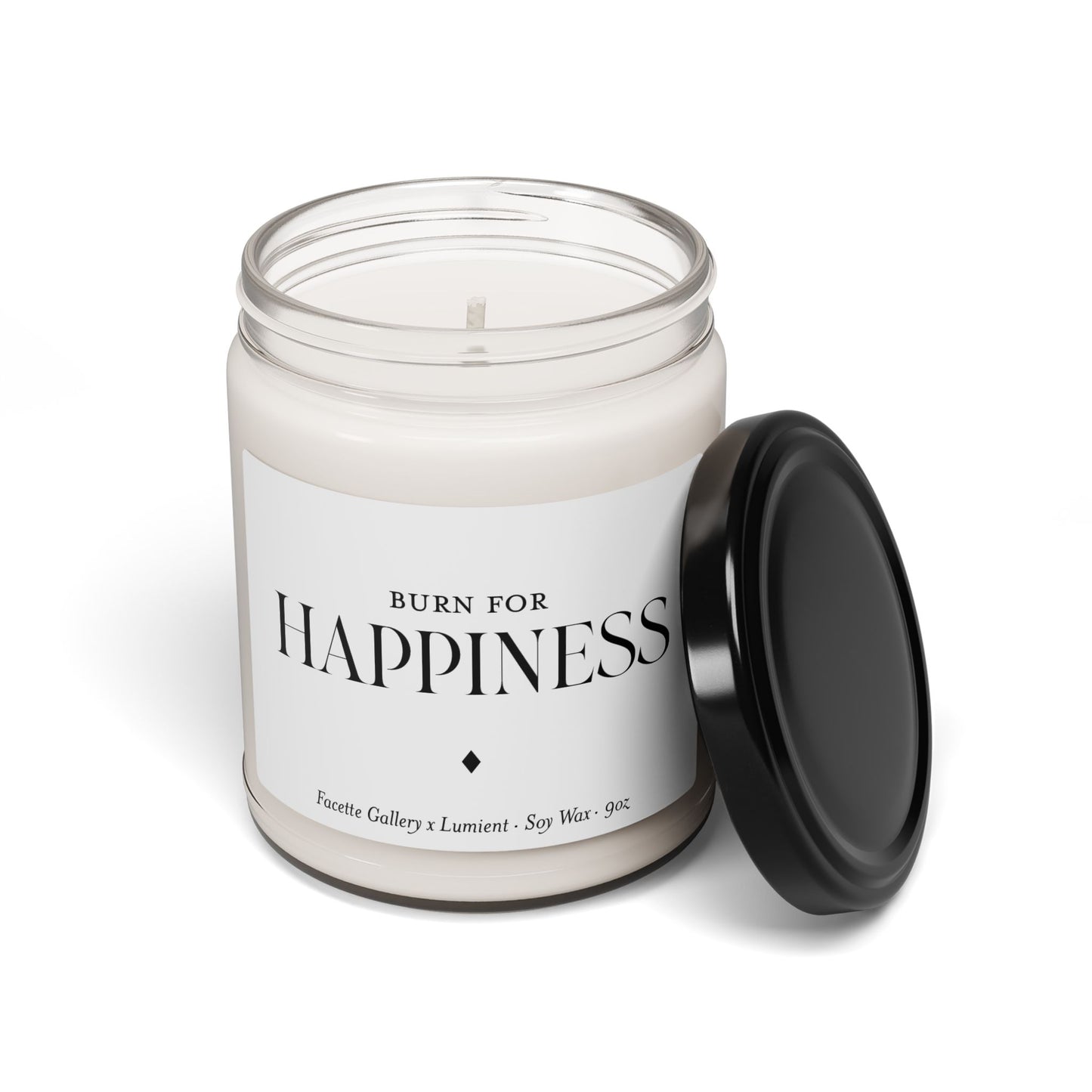 9oz white soy wax candle in clear glass jar with black lid and "Burn for Happiness" label on white background