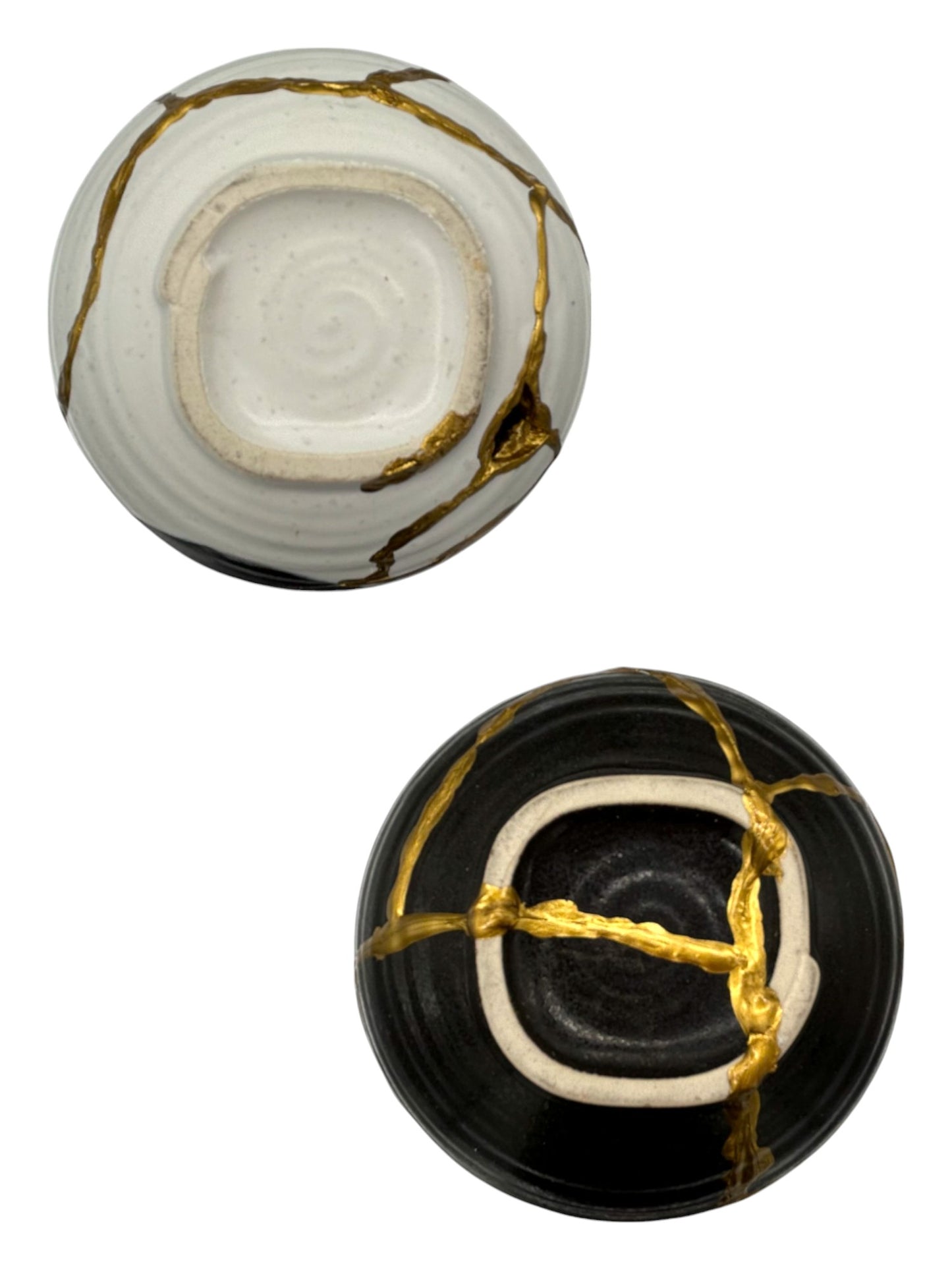 SALE Yin Yang Kintsugi Double Bowl Egg Sculpture - Reversible - Gift Box - Broken + Repaired Japanese Pottery - Hand Painted Gold (H)5.5in (W)4in