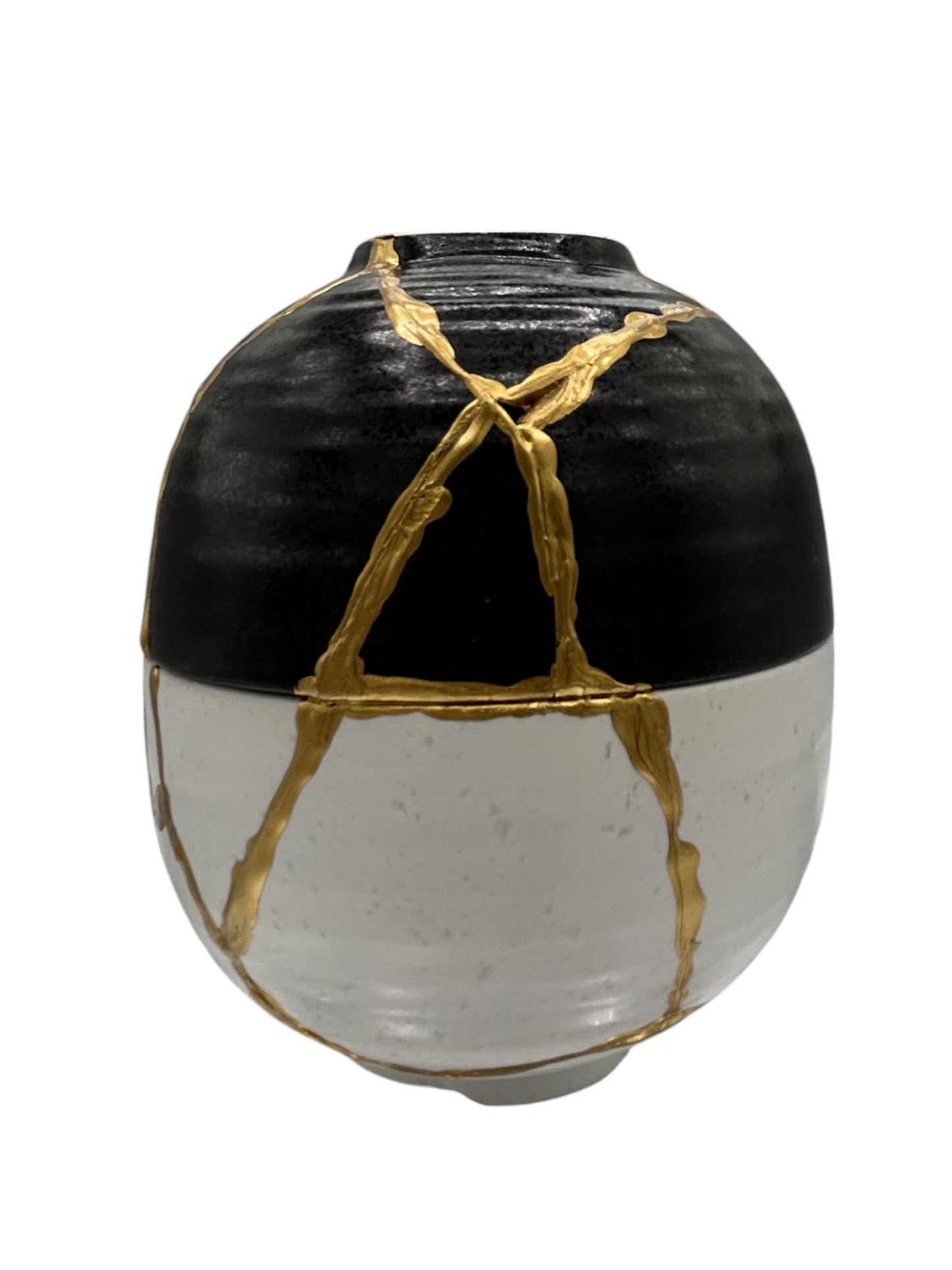 SALE Yin Yang Kintsugi Double Bowl Egg Sculpture - Reversible - Gift Box - Broken + Repaired Japanese Pottery - Hand Painted Gold (H)5.5in (W)4in