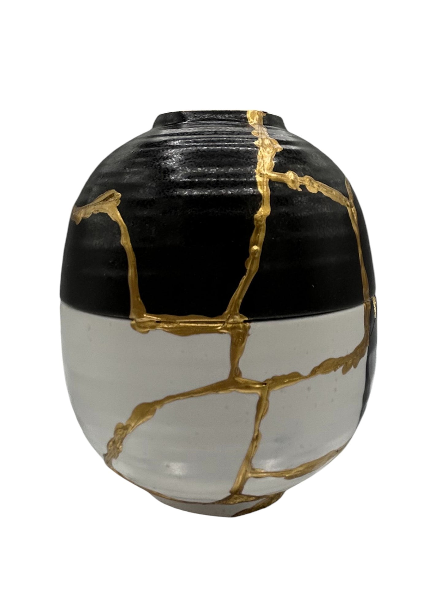 SALE Yin Yang Kintsugi Double Bowl Egg Sculpture - Reversible - Gift Box - Broken + Repaired Japanese Pottery - Hand Painted Gold (H)5.5in (W)4in