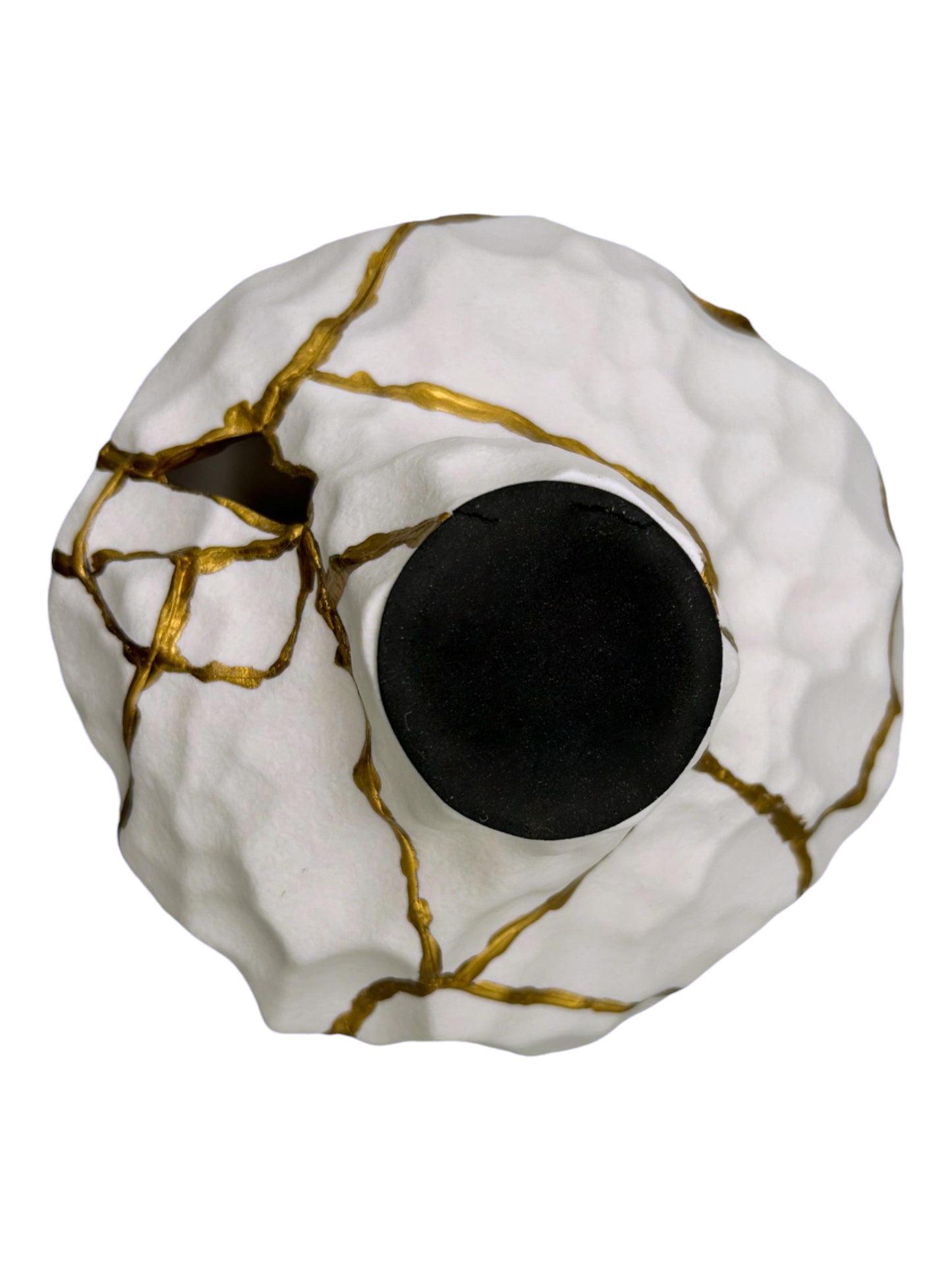 Roccia White Kintsugi Rock Vase - Matte/Irregular - Broken + Repaired Japanese Pottery - Hand Painted Gold Detail - (H) 7in (W) 6.25in