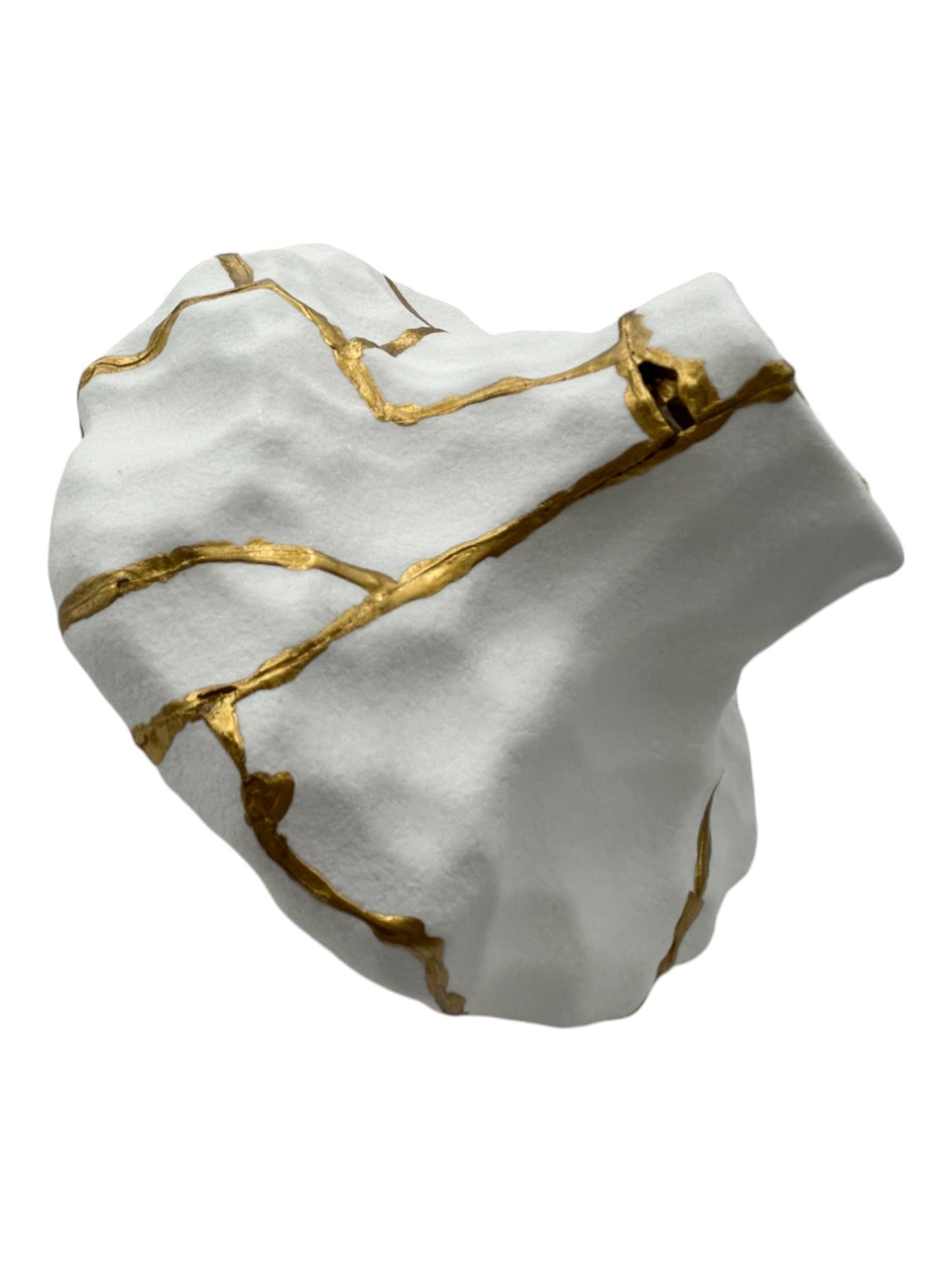 Roccia White Kintsugi Rock Vase - Matte/Irregular - Broken + Repaired Japanese Pottery - Hand Painted Gold Detail - (H) 7in (W) 6.25in