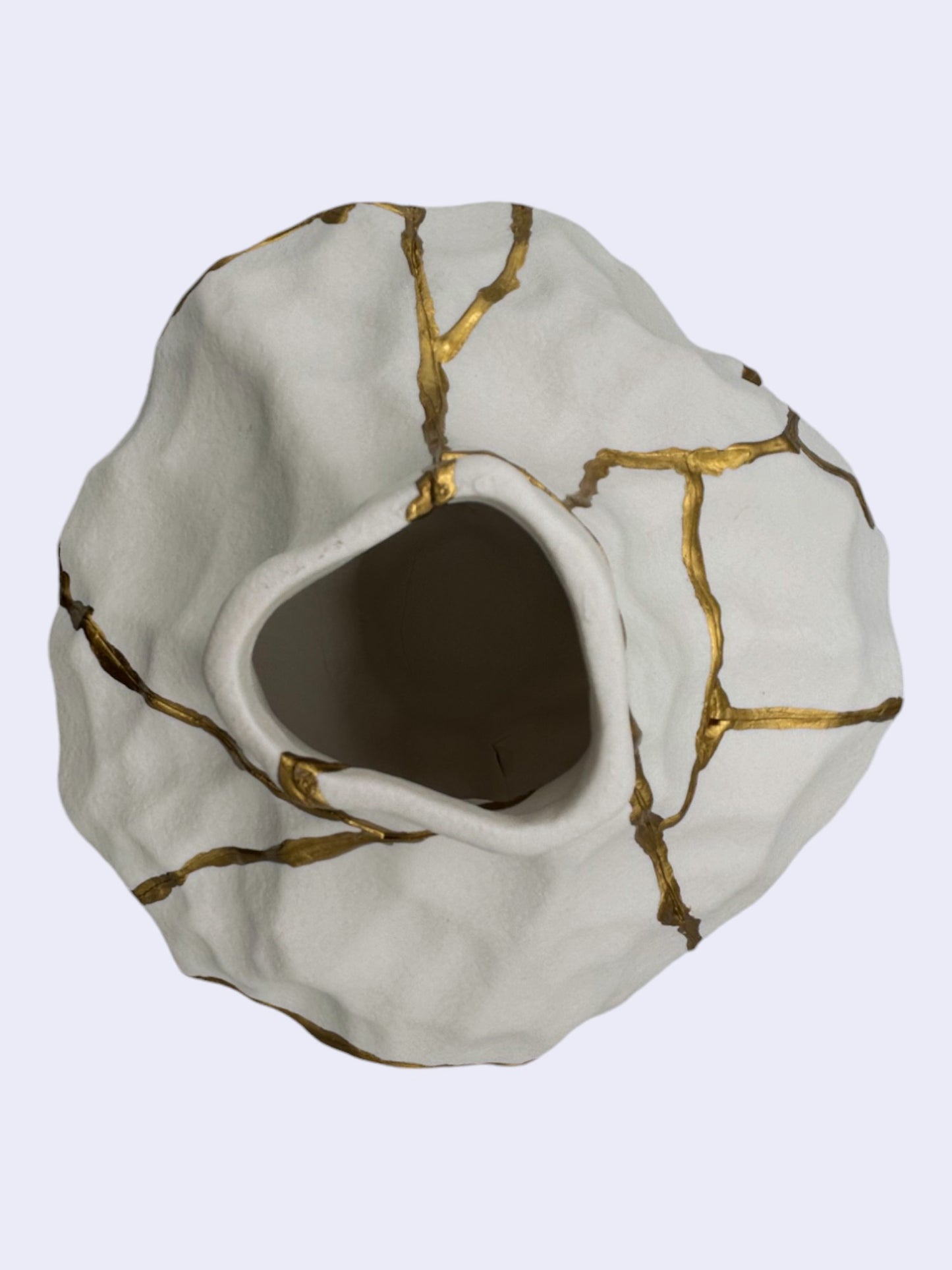 Roccia White Kintsugi Rock Vase - Matte/Irregular - Broken + Repaired Japanese Pottery - Hand Painted Gold Detail - (H) 7in (W) 6.25in