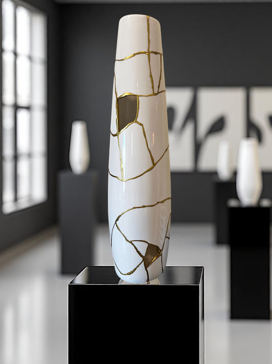 Modern Kintsugi Giraffe Tall Vase - Broken + Repaired Japanese Pottery - Hand Painted Gold - Cylinder/Glossy - Table/Floor - White (H) 18in