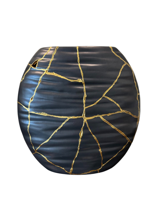 Modern Kintsugi Ripple Vase - Broken + Repaired Japanese Pottery - Hand Painted Gold - Japandi - Distressed - Rough Texture - Black (H) 9in (W) 6.75in