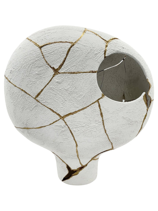 Modern Kintsugi Alien Vase - Broken + Repaired Japanese Pottery - Hand Painted Gold - Japandi - Rough Texture - White (H) 15.5in (W) 16in