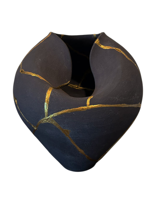 Modern Kintsugi Rau Vase - Broken + Repaired Japanese Pottery - Hand Painted Gold - Japandi - Distressed - Rough Texture - Charcoal (Dark Gray) (H) 9in (W) 6.75in
