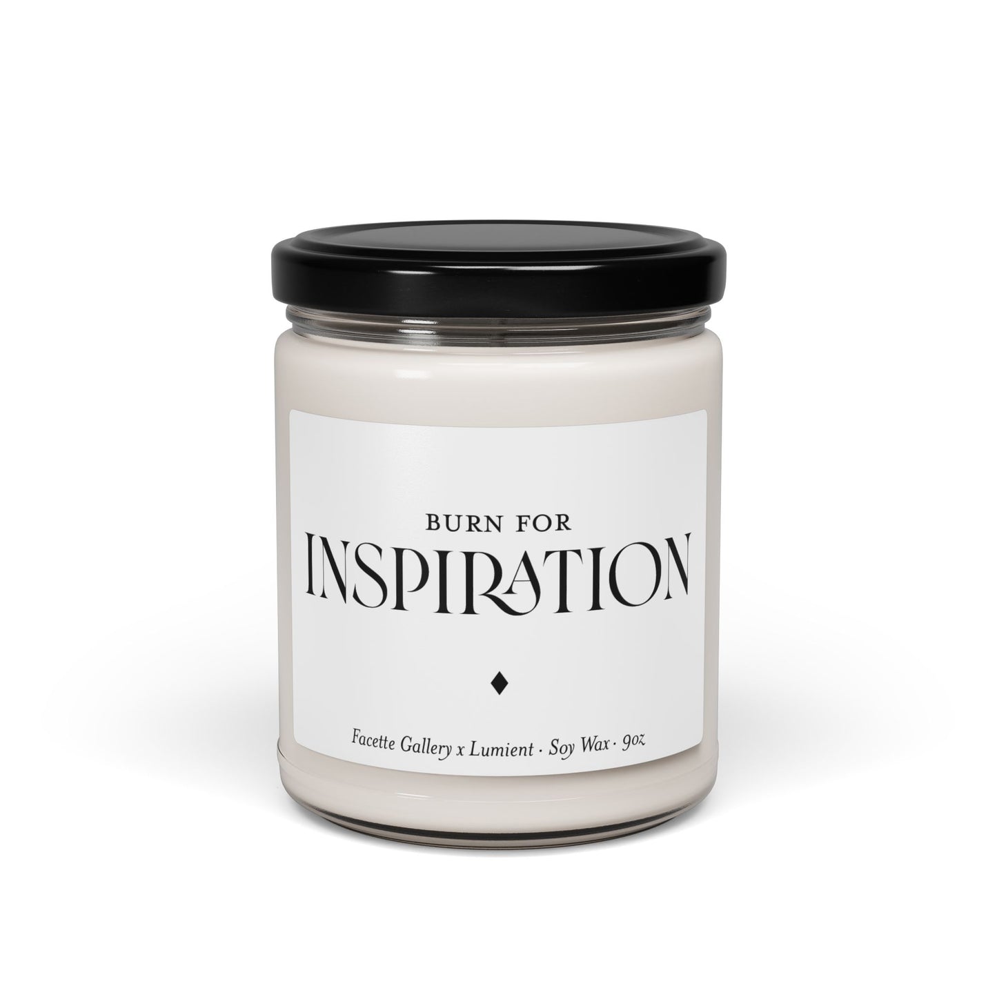 White soy wax candle in 9oz glass jar with black lid and "Inspiration" label, eco-friendly and hand-poured design.