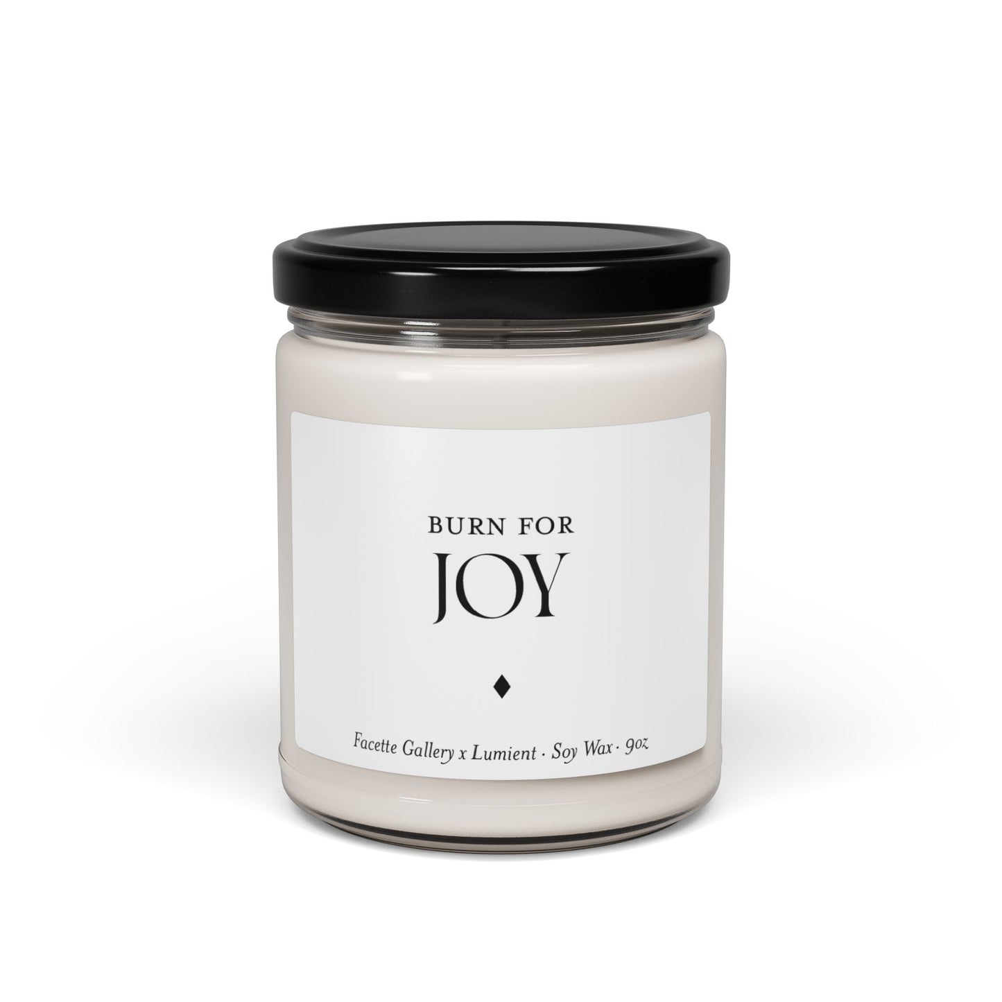 9oz white soy wax candle in clear glass jar with black lid and minimalist Joy label on white background