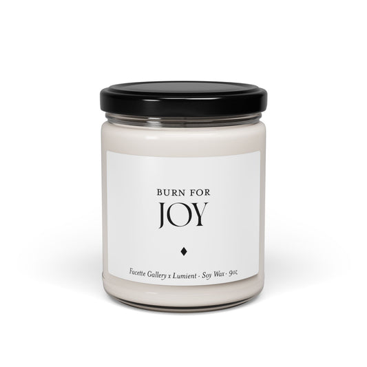 9oz white soy wax candle in clear glass jar with black lid and minimalist Joy label on white background