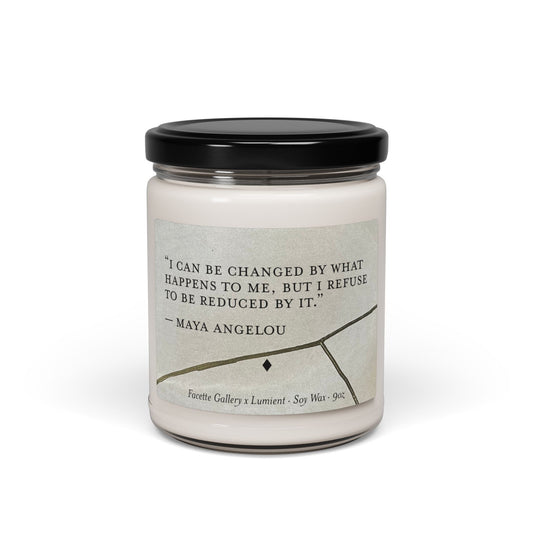 Soy wax candle in glass jar with Maya Angelou quote and Kintsugi art design, 9oz, black lid.
