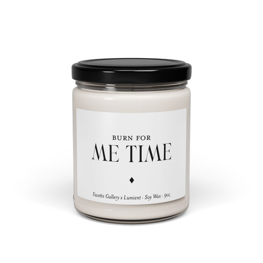 9oz white soy wax candle in clear glass jar with black lid and minimalist "Me Time" label on white background